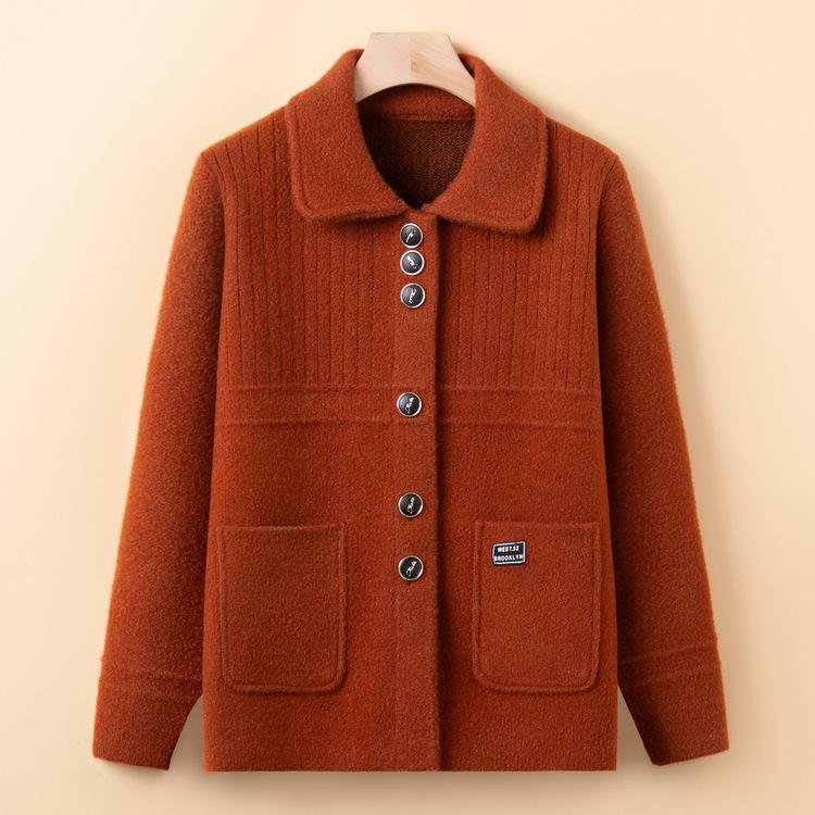 

Middle-aged and Elderly Sweater Jacket New Cardigan Elderly Knitted Cardigan Spring and Autumn Mothers Wear Lapel Loose Top XL