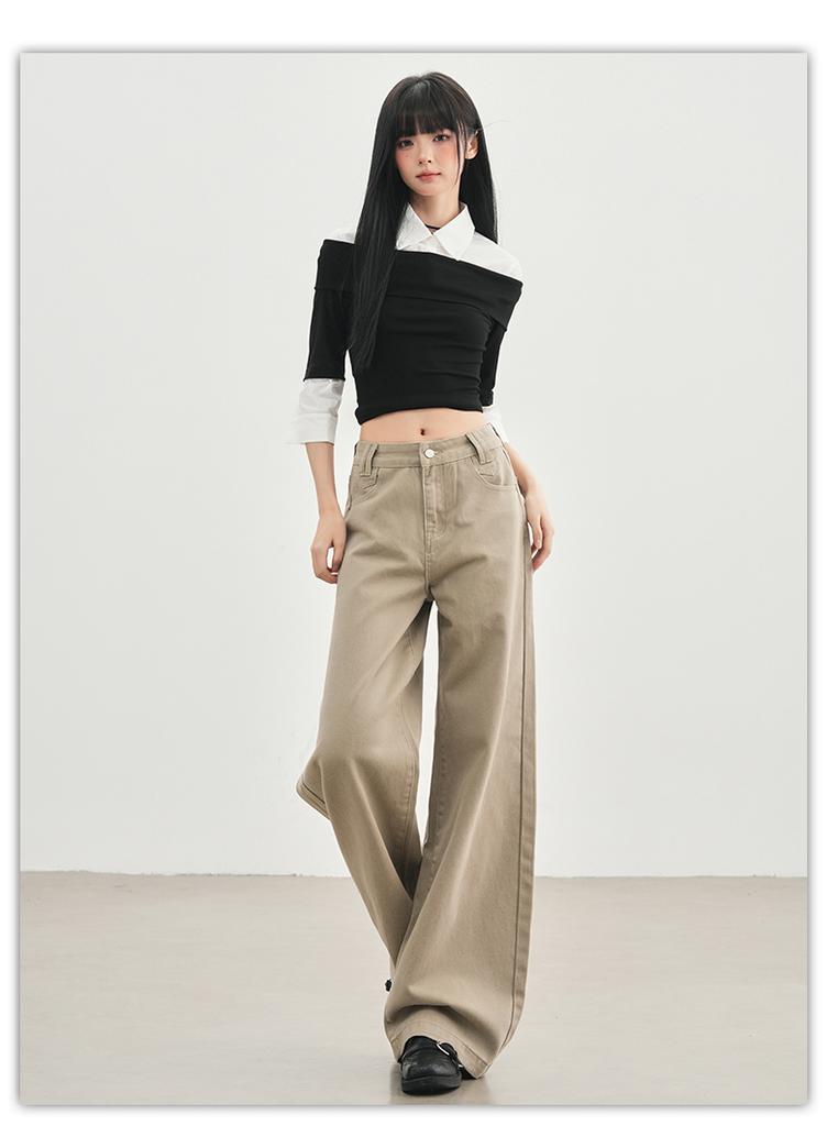Romon Autumn/Winter Jeans Women's American Khaki High Waist Straight Tube Versatile Loose Look Thin Wide Legs Floor length Pants