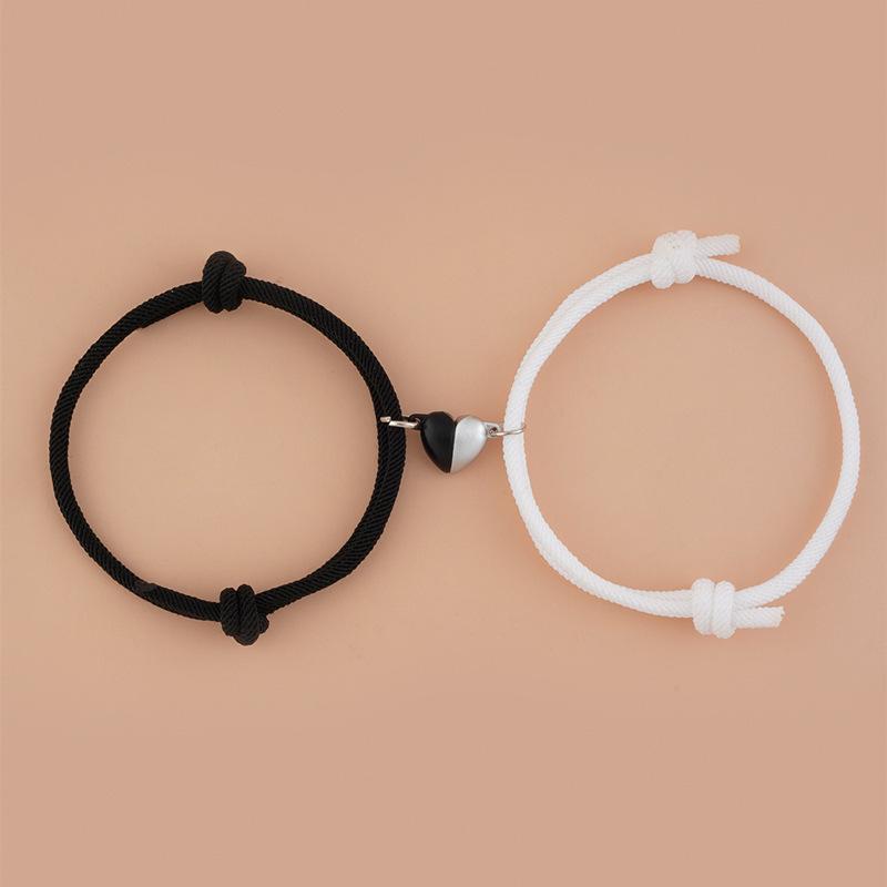 2 Pieces Set Fashion Black White Hand Rope Love Magnetic Couple Bracelet Best Friend Party Elegant Coppery Heart Charm Gift