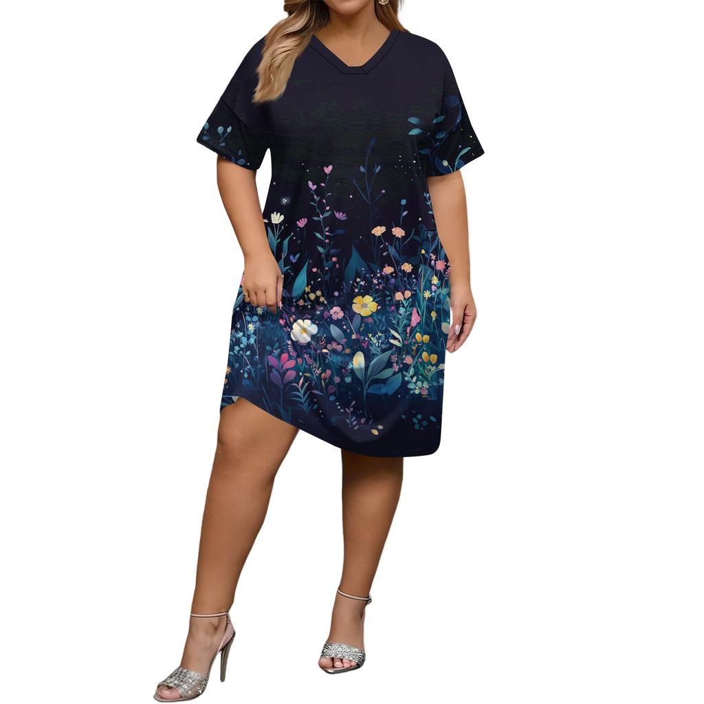 Summer Plus Size V Neck Short Sleeve Knee Pocket  Print Casual Dress For Women