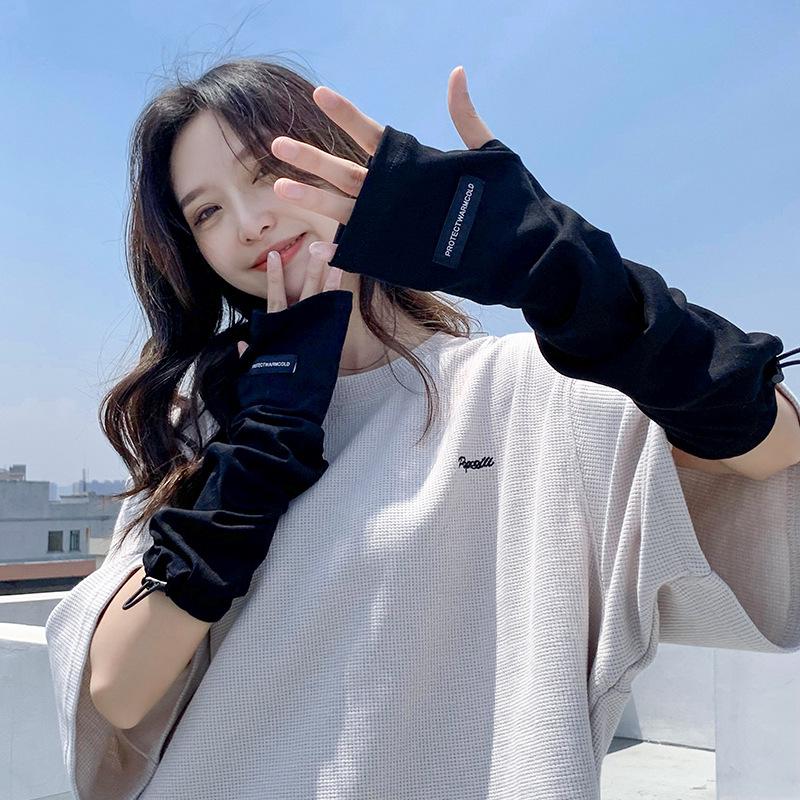 Summer Solid Color Fingerless Sun Protection Ice Sleeves - Women's Elastic UV Arm Protectors
