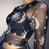 Women Sexy Harajuku Mesh Tops Long Sleeve See Through T Shirt Transparent Sun Moon Star Print T-shirt Femininas Clubwear