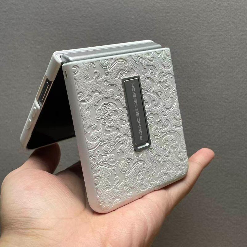 For Samsung Galaxy Z Flip 7 Case Fashion Flower Print Texture PU Leather With Bracket Phone Cover Non-Slip Dustproof Bumper
