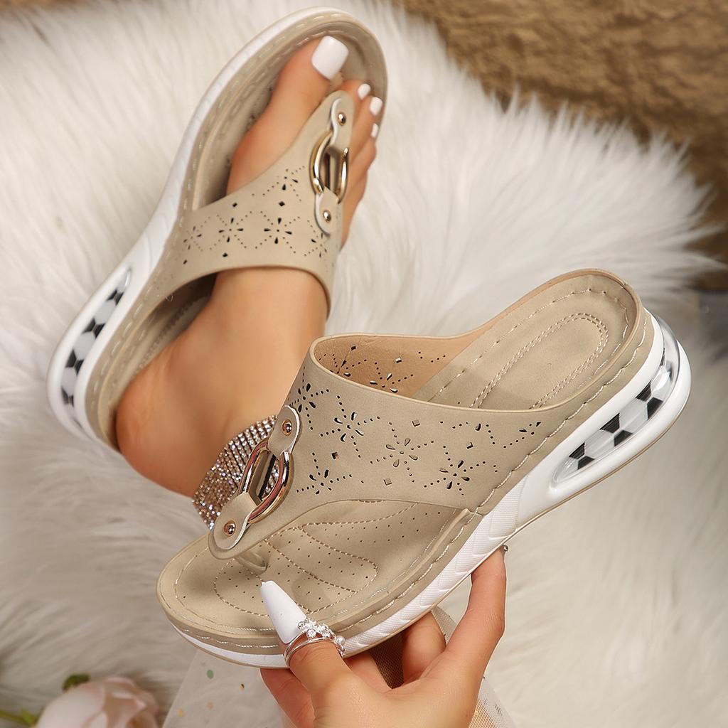 Spot Foreign Trade Large Size Toe Sandals Women 2025 New Round Head Hollow Metal Buckle Slope Heel Thick-bottomed Beach Slippers