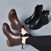 Leather boots women's autumn and winter simple casual flat Martin boots rear zipper round head short boots velvet cotton boots