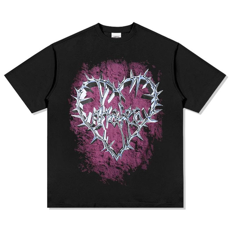 Washed Retro High Street Thorns Small Heavy Vintage Printed Short-Sleeved T-Shirt Retro Neckline Love Bottoming Shirt Cotton