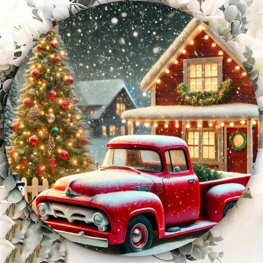 Charming Round Iron Wall Art Snowy Red Truck Christmas Wreath Home Garden Gift