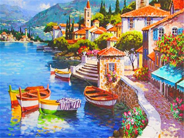 5d Diy Diamond Painting Seaside House Town Full Square/round Embroidery Mosaic Mountain Landscape Home Decor