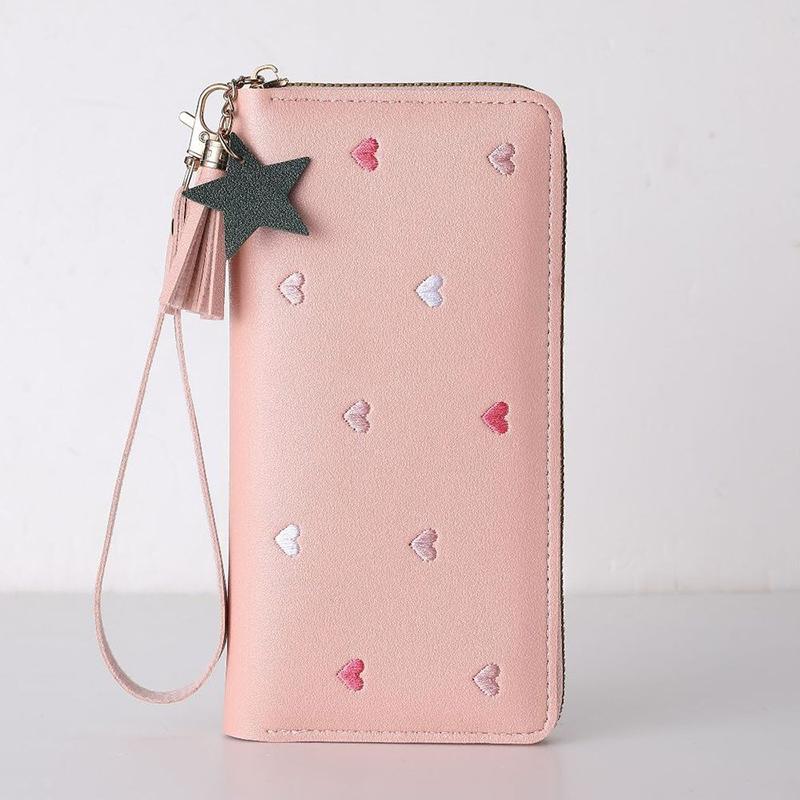New Long Women Wallet With Heart-Shaped Korean Style Tassel Embroidery Card Holder For Women