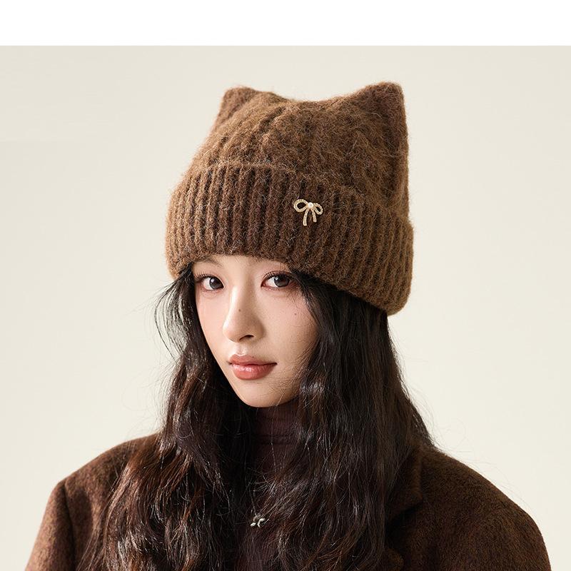Cartoon Cat Ears Thick Knitted Hat Women's Bow Wool Hat Warm Hat
