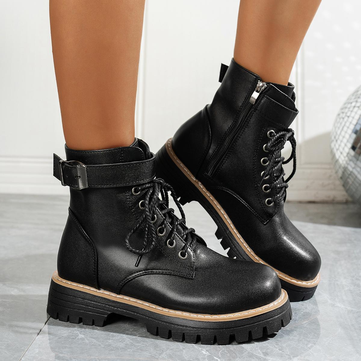 

2025 New Women Leather Short Boots Outdoor Nonslip Walking Shoes Fashion Comfort Lace-up Ankle Boots Casual Female Shoes Mujer 9 43 чёрный