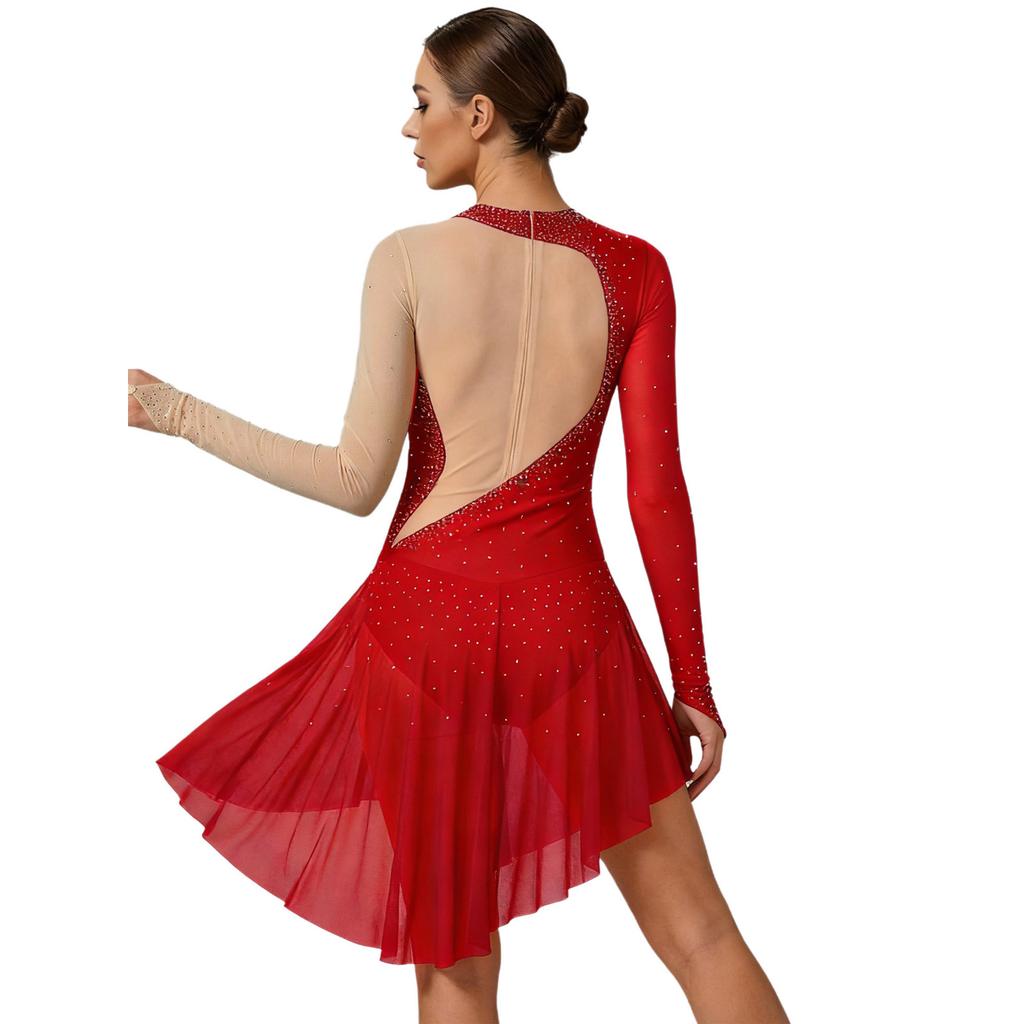 Women's Gymnastics Figure Skating Bodysuit S-XXL: Rhinestone Color Block Mesh Long Sleeve Chest Pleats Jumpsuit with Buttoned Crotch