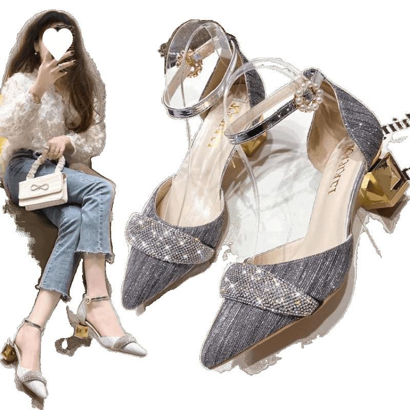 French Thick Heel High Heel Niche High-end Bag Head Sandals Fairy Wind 2025 Summer Rhinestone Pointed Hollow Shoes