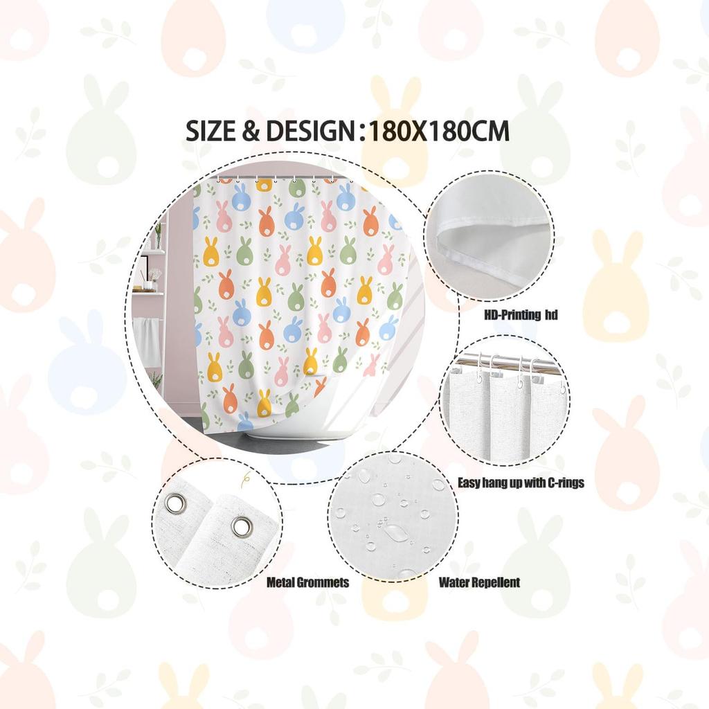 Easter Shower Curtain Happy Easter Cute Rabbit Floral Bathroom Decor Set, Colorful Rainbow Easter Bunny Cloth Fabric Bathroom