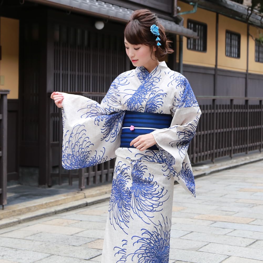 Yukata Premium Cotton and Linen Yukata Set Chrysanthemums on a Natural The and blue yukata feature a and sophisticated "Wa Nadeshiko" Women's Set,