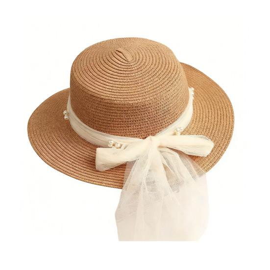 Beach Straw Hat Flat Top Wide Brim Sun Protection Hat with Tulle Bow Imitation Pearls Decor Hand-Woven Breathable Summer Hat