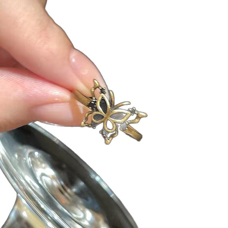 Dark Butterfly Zircon Open Ring Female Retro Retro Personality Stacked Index Finger Ring Sweet Cool Spice Girl Wind Ring