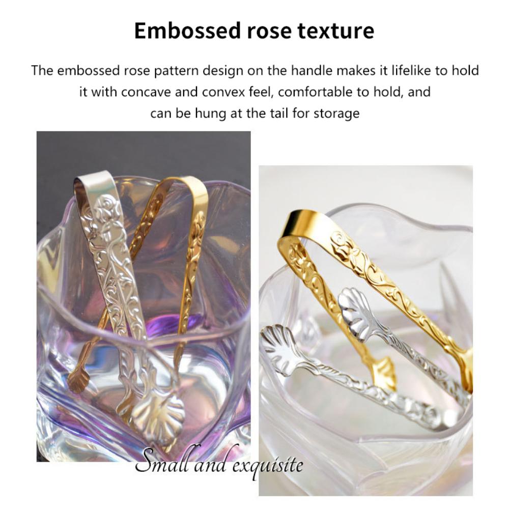 Vintage Rosrelief Rostfritt Stål Is fyrkantiga sockerklämmor små Sockertång Matklämmor Köksserveringstång Barutrustning Tillbehör