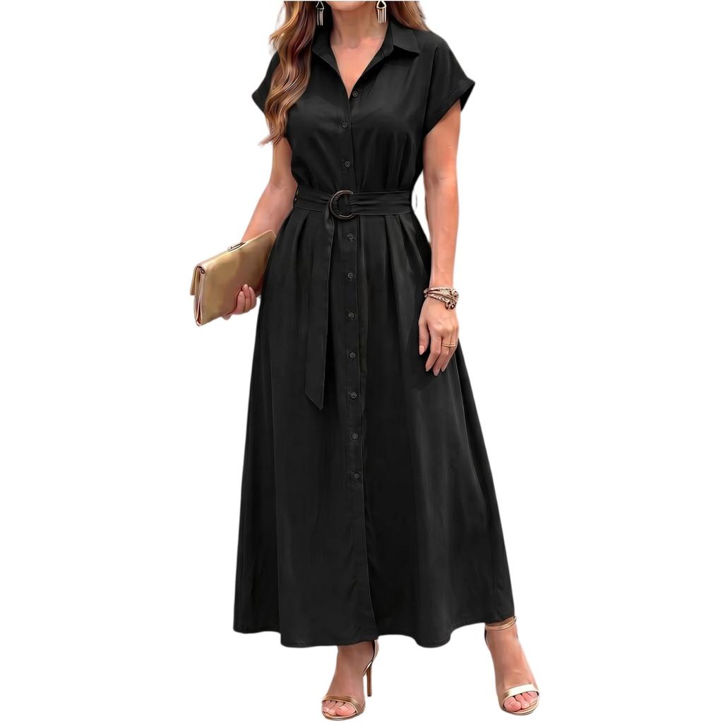 Vestido Camisa de Mujer Manga Corta Botones Arriba Vestido Largo con Cuello Corbata en la Cintura y Dobladillo Acampanado Casual Holgado Vestido de Verano