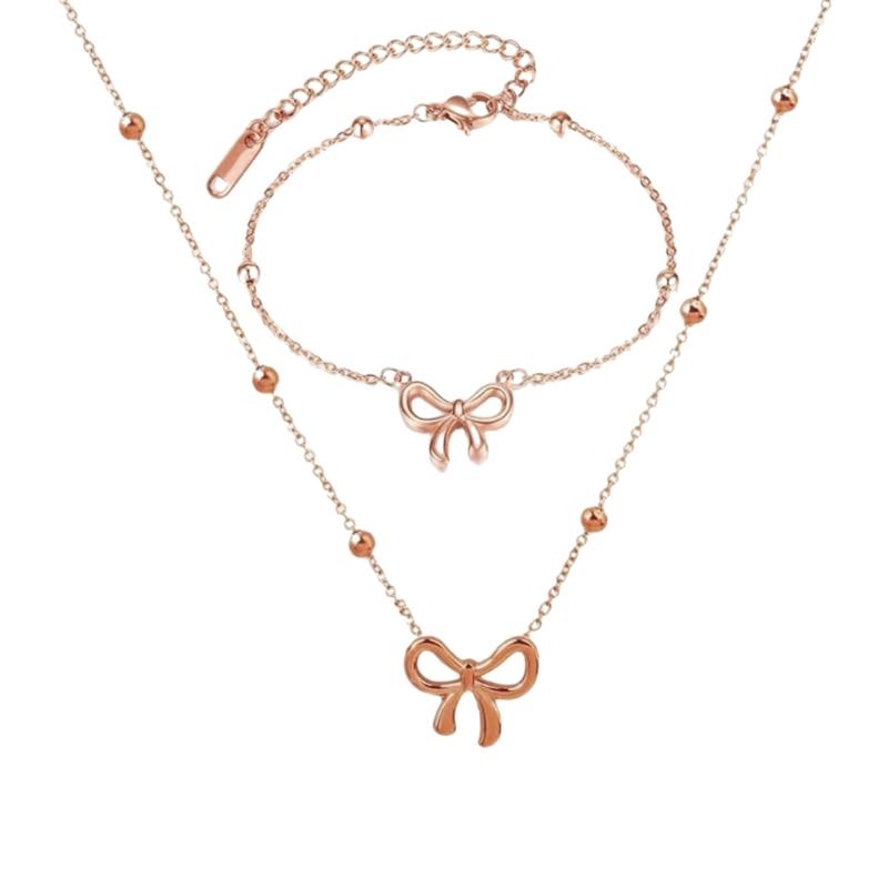 Fashionable Steel Jewelry Set Featuring Butterfly Bowknot Pendant Elegant Necklace And Bracelet For Everyday Wear