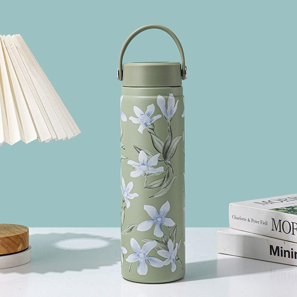 Stainless Steel Water Bottle Flower Printed Coffee Mug Vacuum Handy Cup  Outdoor Travel Office