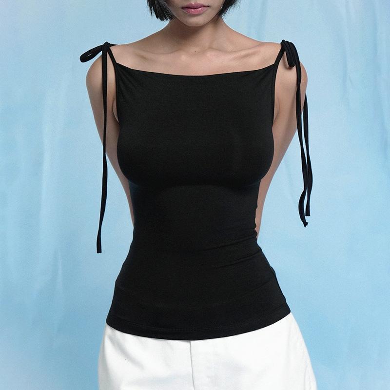 Women's summer new solid color suspender tied knot slim sexy slanted shoulder body vest women's wholesale