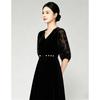 V-neck Velvet Waist Cinched Dress