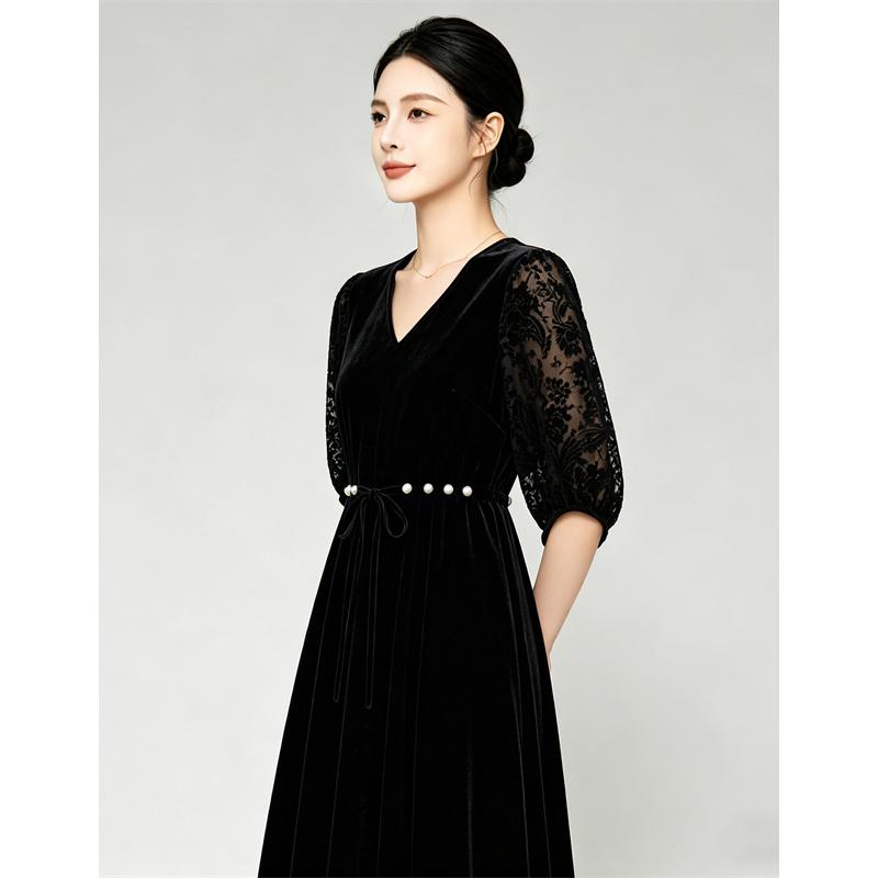 V-neck Velvet Waist Cinched Dress