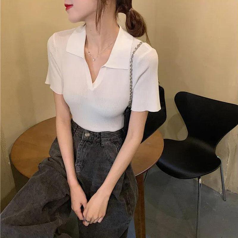 Summer Women Solid V Neck T-Shirt Casual Short Sleeve Knitted Polo Tee Tops