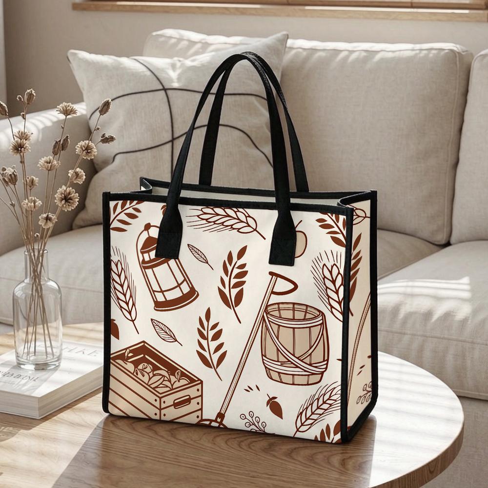 Farm Pattern Canvas Tote Bag Casual Large Capacity Handbag for Daily Shopping Travel Use