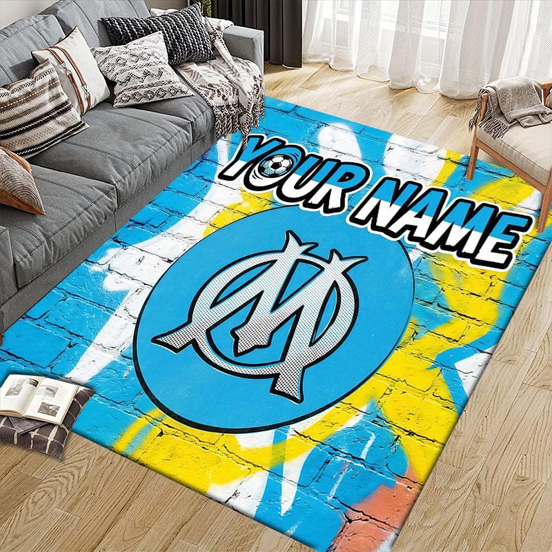 Custom Name,Olympique De Marseille Home Sofa Decoration for Living Room & Bedroom, Non‑Slip Play Flannel Floor Mat for Game Room