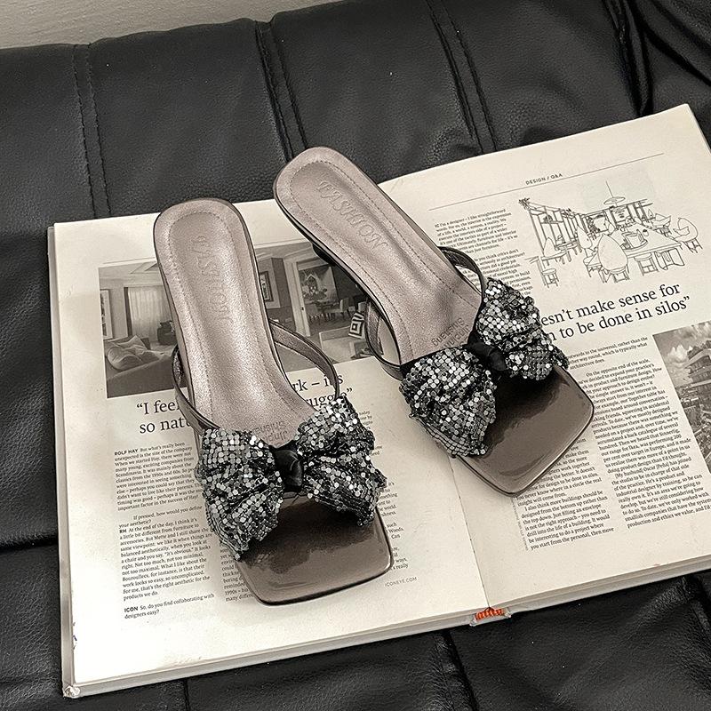 Versatile fashion square head high-heeled outer slippers women's summer 2025 new thick-heeled bow open-toed cool slippers