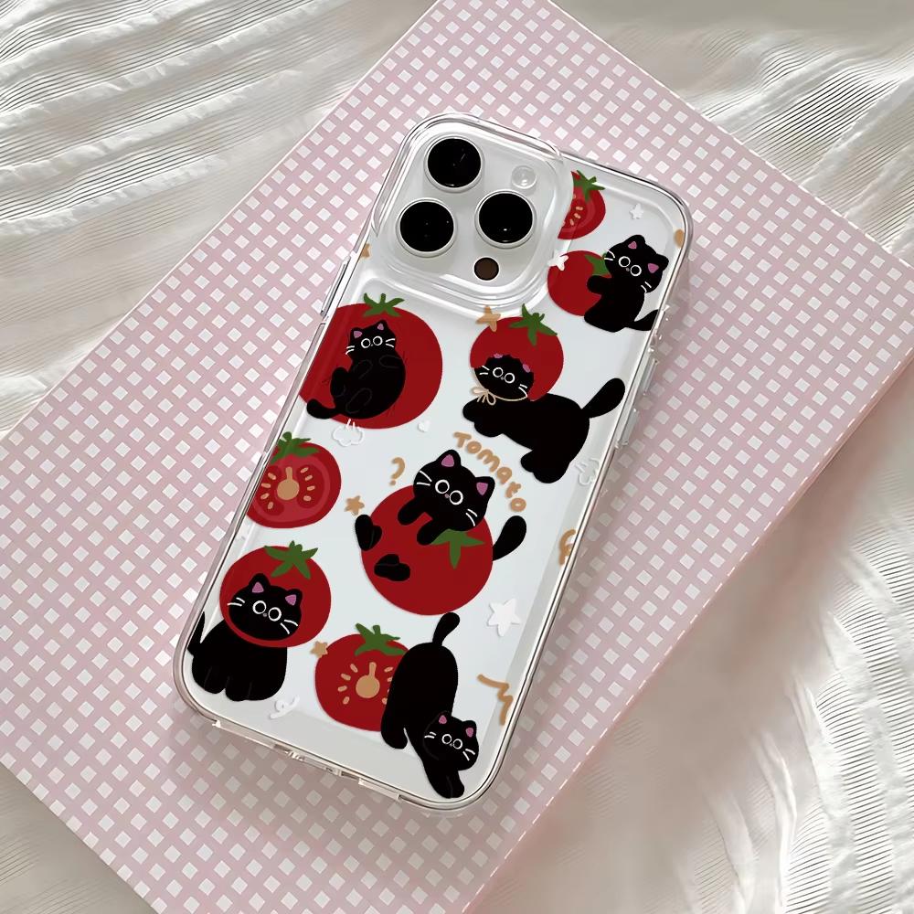 Ins Lovely Tomato Black Cat Cartoon Phone Case For Samsung Galaxy A14 A15 S21 S22 S23 S24 FE Plus Ultra A25 A35 A52 A53 A54 A55