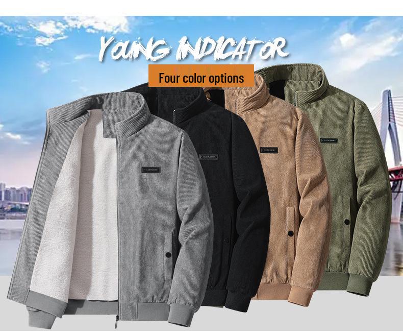 Men's Winter Corduroy Jacket with Stand-Up Collar and Lamb Wool Lining - Trendy, Thick, and Casual.