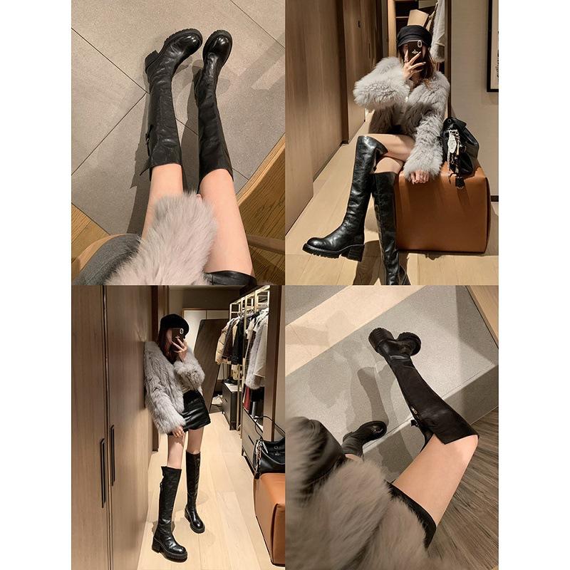 Washed cowhide grape mother same leather long knight boots women's thick heel tall thin boots knee boots long boots