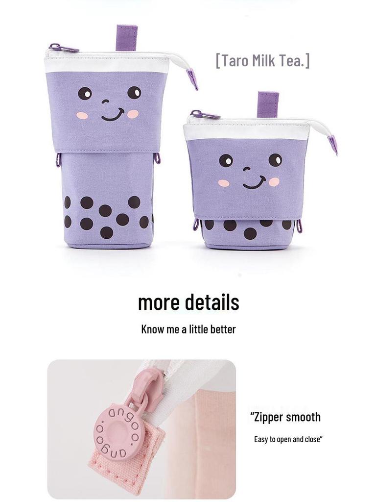 Polka Dot Milk Tea Pull-down Pencil Case with Heart and Smiley Face Design, Multifunctional Stationery Holder