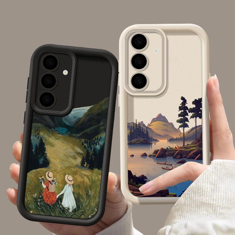 Landschaftsbild Bemalte Handyhülle Für Samsung S26 S25 S24 S23 S21 Ultra See Waldansicht Sonnenaufgang Für Galaxy S25 S24 FE S26 Plus Hülle