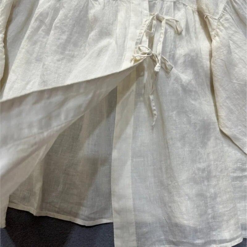 Johnature Spring Autumn Vintage Literary Slanted Lace-up Shirt Loose Tops Simple Solid Color Women Shirts