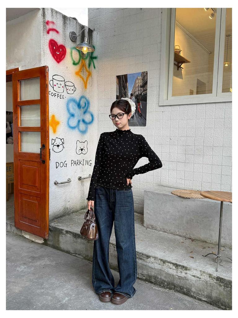 Miu Style Polka Dot Ruffle Long Sleeve Women's T-Shirt - Slim Fit, Half-High Neck, Perfect for Autumn/Winter.