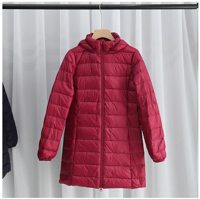 Women's Mid-Length Slim Fit Hooded Down Jacket, Flattering Plus Size, Lightweight with Detachable Hood