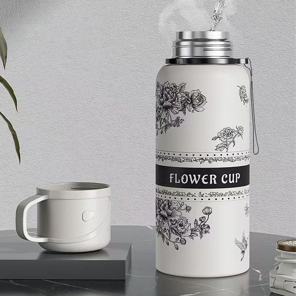 Double Layer Gardenia Thermo Bottle Large-capacity Sports Kettle Vacuum Thermos Cup  Daily Use