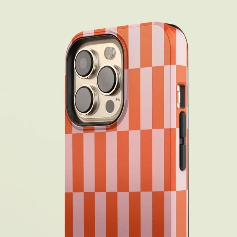 Clmj Checkered Orange Pink Phone Case for iPhone 16 15 14 13 12 11 Pro Max Plus Magnetic Double-layer Back Cover