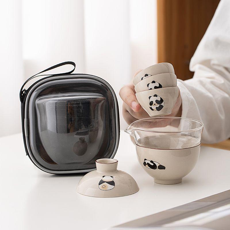Panda Kuaike Cup Tea Set Including 1 Teapot  2 Cups, Portable Travel Teaware, Outdoor Portable Bag, Kung Fu Tea Brewing Teapot