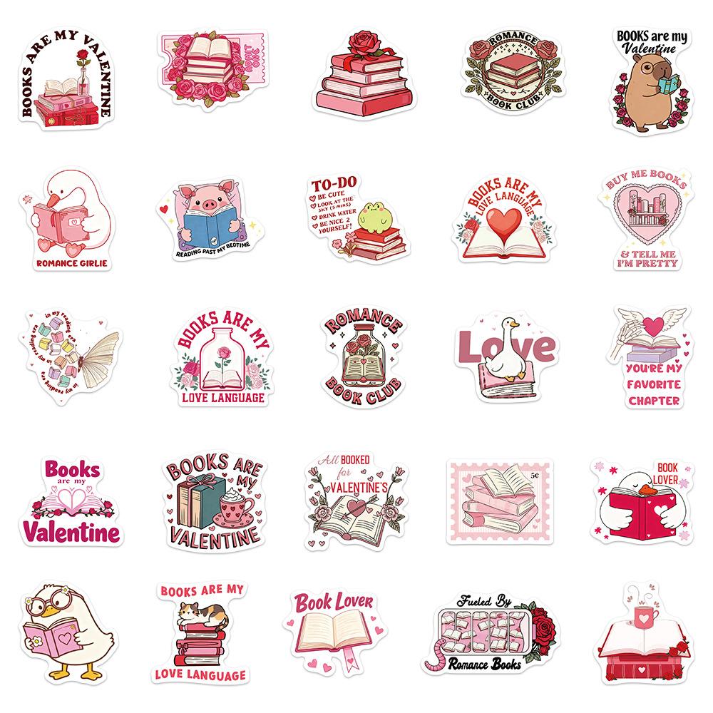 10/30/50pcs Pink Valentine's Day Bookish Stickers Kawaii Cartoon Reading Animal Sticker Laptop Scrapbooking Phone Decals Packing
