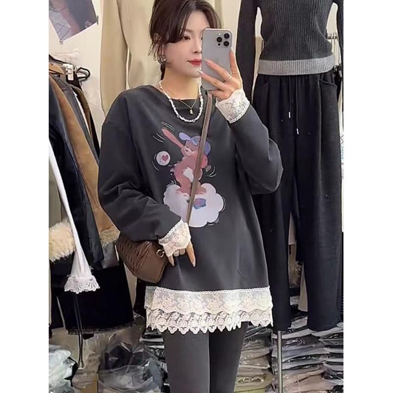

Korean Lace Trim Cartoon Bear Mid-Length Loose T-Shirt Dress M