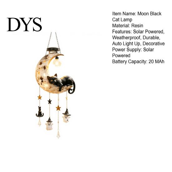 Waterproof Patio Porch Ornaments Solar Moon Black Cat Wind Chime Light, Powered Hanging Lamp, Resin Themed Yard Decorations Outdoor Decor for