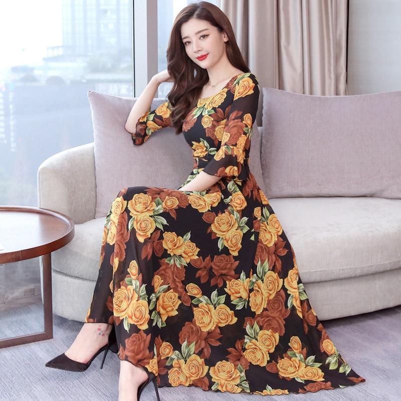 Summer Print Large Size Dress Long Paragraph Fashion Slim Big Swing Beach Skirt Female