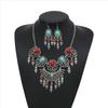 Retro Ethnic Style Carved Turquoise Water Drop Tassel Exaggerated Necklace Earrings Set