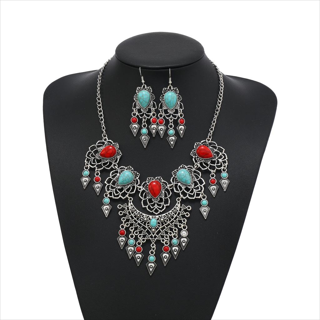 Retro Ethnic Style Carved Turquoise Water Drop Tassel Exaggerated Necklace Earrings Set