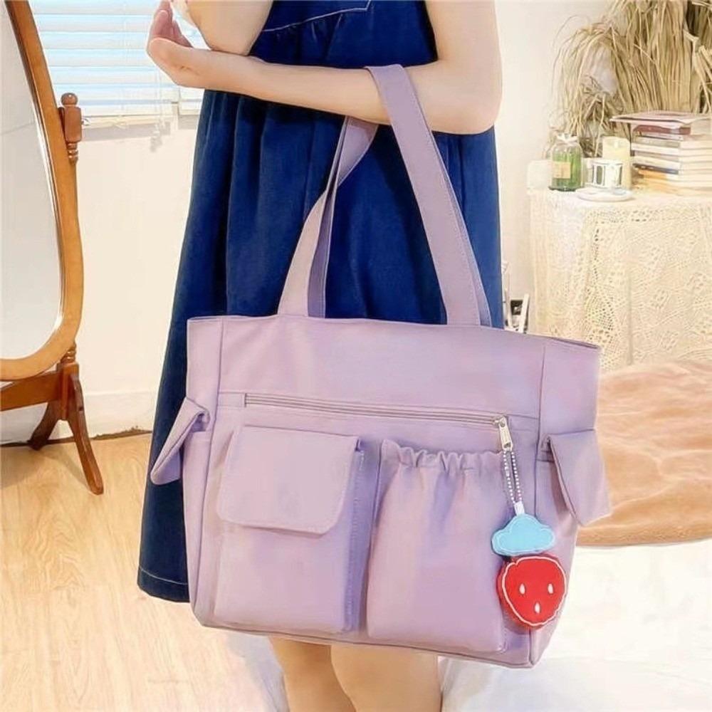 

Solid Color Student School Bag Nylon Japanese Shoulder Bag Portable Canvas Tote Bag Lady/Girls фиолетовый